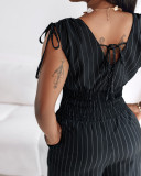 Striped V-Neck Slim Waist Career Casual Jumpsuit