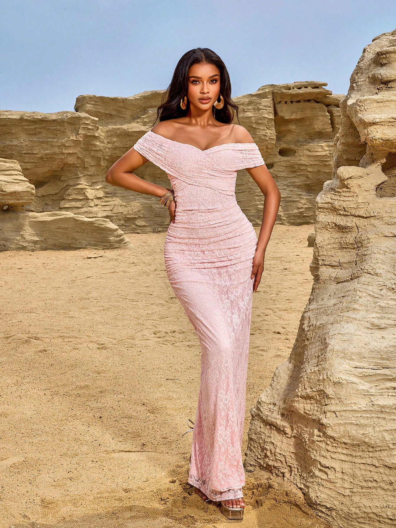 Women's Elegant Fashion Lace Off-Shoulder Slit Long Party Evening Gown