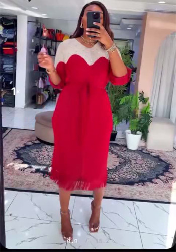 Beaded Plus Size African Fashion Bat Sleeve Color-Block Midi Loose Women's Dress