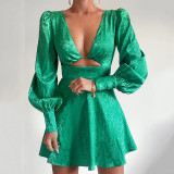 Autumn V-Neck Cut-Out Jacquard Lantern Sleeve Short Dress