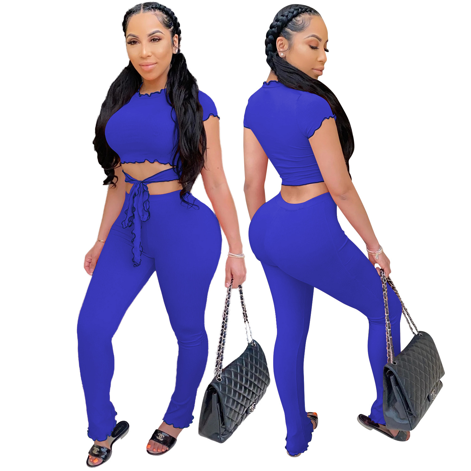Women Sexy Short-Sleeved Top and Pant Two-Piece Set