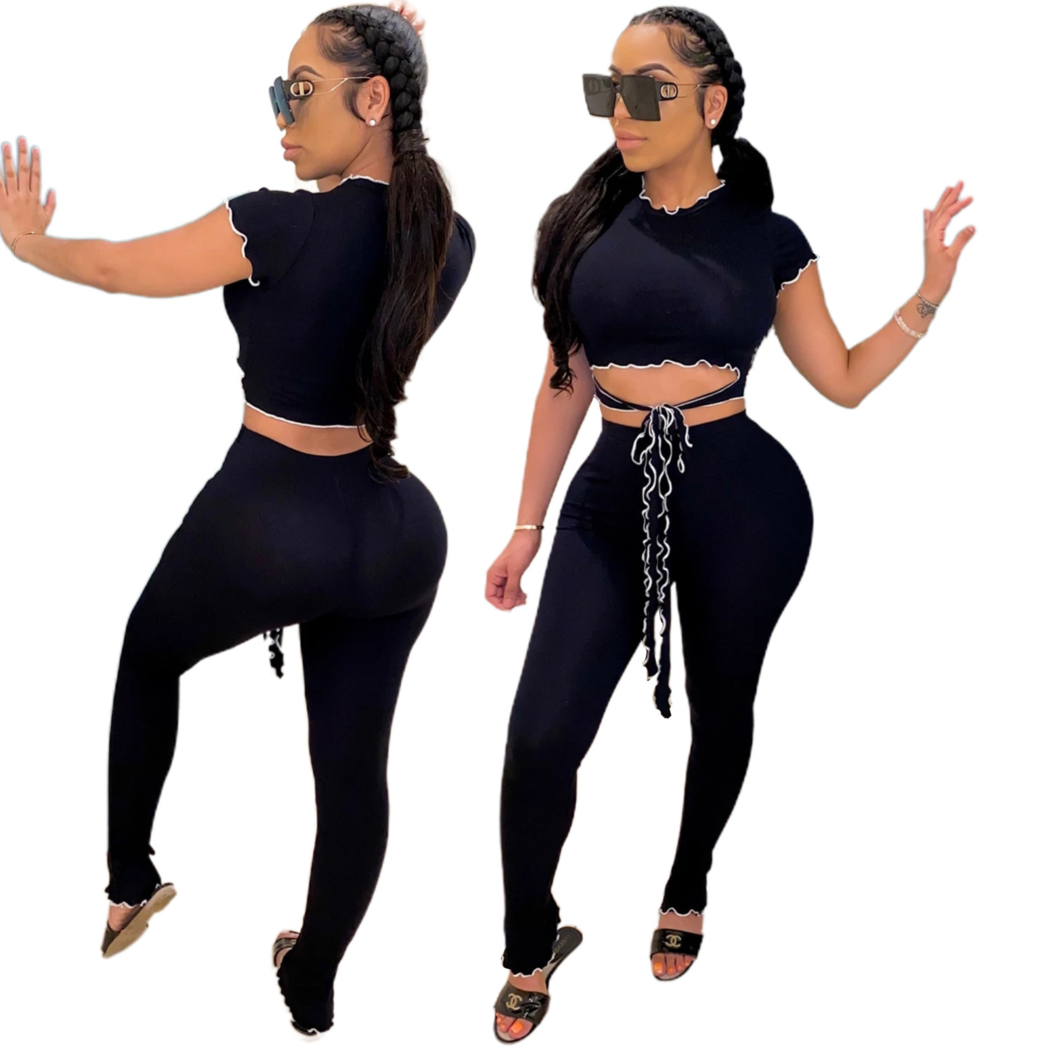 Women Sexy Short-Sleeved Top and Pant Two-Piece Set