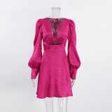 Autumn V-Neck Cut-Out Jacquard Lantern Sleeve Short Dress