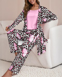 Women's Printed Strap Top + Pants + Coat Three-Piece Set With Belt