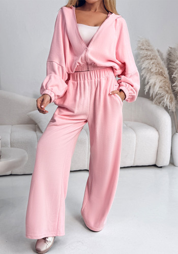 Women's Solid Zipper Hooded Hoodie Elastic Waist Casual Pants Sport Set