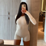 Solid Slim Fitted Long-Sleeve Top & High-Waist Butt Lift Shorts Sporty Casual Set