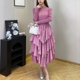 Plus Size Fashion Flounce Chic Slim Waist Elegant Solid Cascading Ruffles Dress