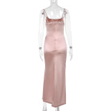 Summer Women's Fashion Sexy Strap Satin Gown Slit Chic Dress