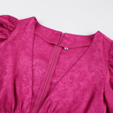 Autumn V-Neck Cut-Out Jacquard Lantern Sleeve Short Dress