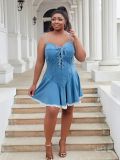 Plus Size Sexy Lace-Up Sleeveless Strap Denim Dress