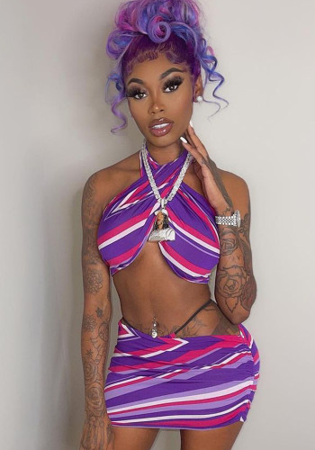 Women's Spring Summer Contrast Print Sleeveless Halter Neck Crop Top & Skirt Set