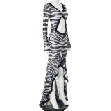 Women's Summer Autumn V-Neck Zebra Print Cut-Out Ruffle Slit Long Dress