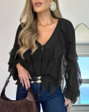 Irregular Flounce V-Neck Long-Sleeve Gradient Print Shirt