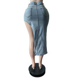 Stretch Letter Embroidered Seven-Part Denim Skirt
