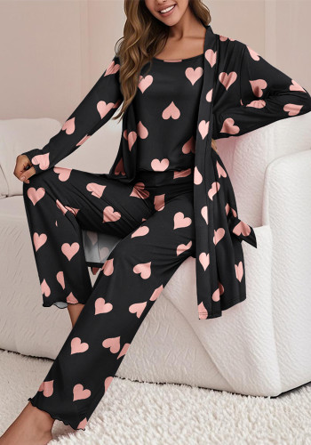 Women's Printed Strap Top + Pants + Coat Three-Piece Set With Belt
