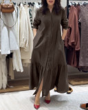 Solid Linen Pleated Patchwork Flounce Hem Casual Dress