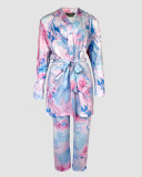 Women's Printed Strap Top + Pants + Coat Three-Piece Set With Belt