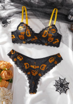 Erotic Lingerie Pumpkin Skeleton Print Bra Halloween Role-Play Sexy Set