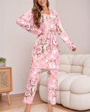 Women's Printed Strap Top + Pants + Coat Three-Piece Set With Belt