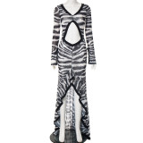 Women's Summer Autumn V-Neck Zebra Print Cut-Out Ruffle Slit Long Dress