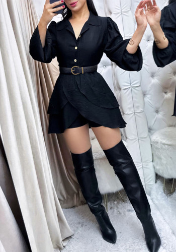 Women's Solid Color Turndown Collar Flounce Patchwork Long Sleeve Elastic Slim Waist Top + Belt + Shorts Set