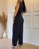 Striped V-Neck Slim Waist Career Casual Jumpsuit