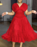 Red V-Neck Sleeveless Slim Waist Pleated A-Line Long Dress