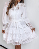 Lace Patchwork Long-Sleeve Belt Shirt Dress