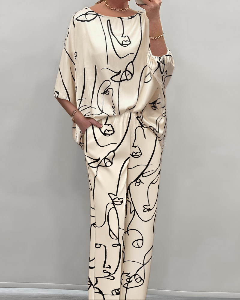 Floral Print Casual Satin Bat Sleeve Top with Straight-Leg Pants Set