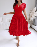 Red V-Neck Sleeveless Slim Waist Pleated A-Line Long Dress