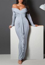 Off-Shoulder Beaded Glitter Long-Sleeve Dress Sexy Long Gown