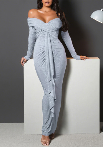 Off-Shoulder Beaded Glitter Long-Sleeve Dress Sexy Long Gown