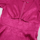 Autumn V-Neck Cut-Out Jacquard Lantern Sleeve Short Dress