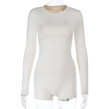 Solid Slim Fitted Long-Sleeve Top & High-Waist Butt Lift Shorts Sporty Casual Set