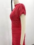 Women's Chic Elegant Mesh Patchwork Red Trendy Fashion Long Dress