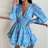 Floral Print Sweet V-neck Puff Sleeve Slim Waist Dress