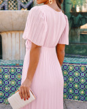 Flutter Sleeve Front Knot Slim Waist Pleated Midi Dress