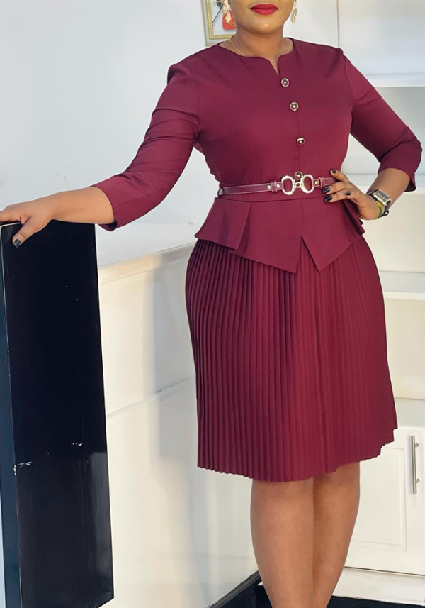 Women's 3/4 Sleeve Fashion Chic Elegant Pleated Dress