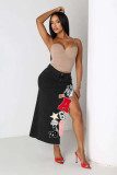 Stretch Letter Embroidered Seven-Part Denim Skirt