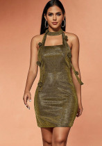 Women's Floral Sexy Gold Halter Neck Low Back Casual Dress