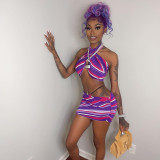 Women's Spring Summer Contrast Print Sleeveless Halter Neck Crop Top & Skirt Set