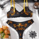 Erotic Lingerie Pumpkin Skeleton Print Bra Halloween Role-Play Sexy Set
