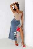 Stretch Letter Embroidered Seven-Part Denim Skirt