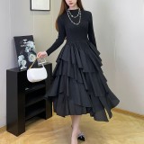 Plus Size Fashion Flounce Chic Slim Waist Elegant Solid Cascading Ruffles Dress