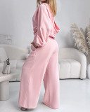 Women's Solid Zipper Hooded Hoodie Elastic Waist Casual Pants Sport Set