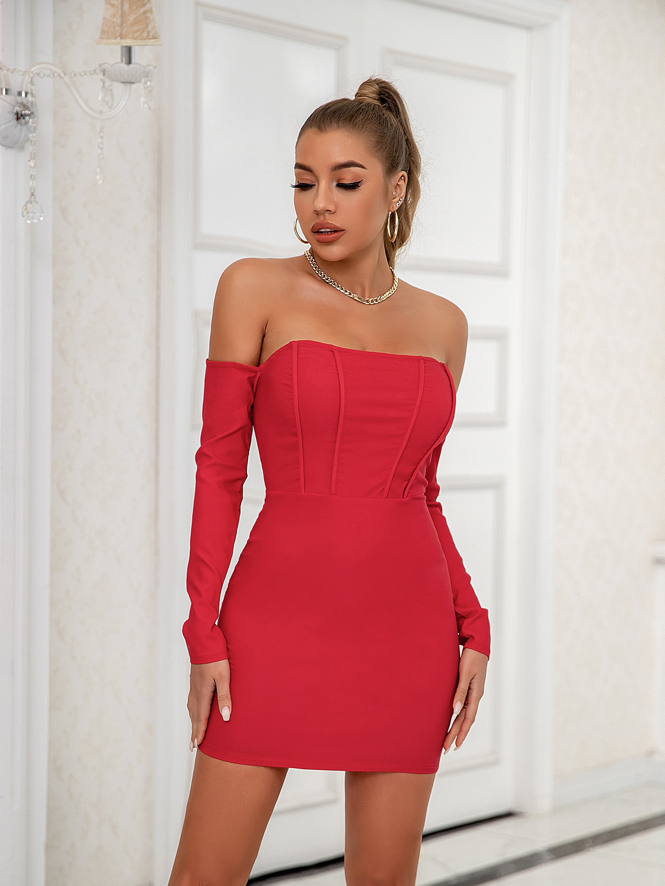 Women's Sexy Low Back Off-Shoulder Long-Sleeve Bridesmaid Dress Fishboned Bodycon Dress