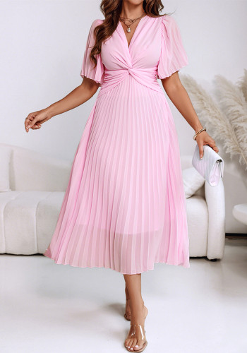 Flutter Sleeve Front Knot Slim Waist Pleated Midi Dress