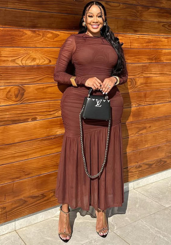 Women's Chic Slim Waist Solid High Neck Long-Sleeve Ruched Long Dress