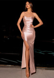Summer Women's Fashion Sexy Strap Satin Gown Slit Chic Dress