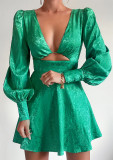 Autumn V-Neck Cut-Out Jacquard Lantern Sleeve Short Dress